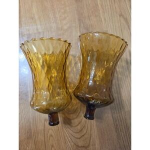 Vintage HomCo 2 Honeycomb Optic Dark Amber Glass Peg Votive Candle Holders
